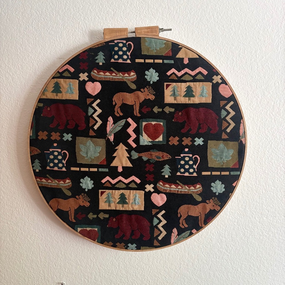 Rustic Lodge Tapestry Embroidery Hoop Wall Art Bear Moose Canoe Cabin Decor 23"